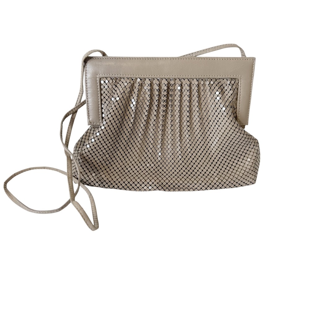 Whiting & Davis Vintage Tan Metal Mesh Leather Trim Clutch Shoulder Evening Bag